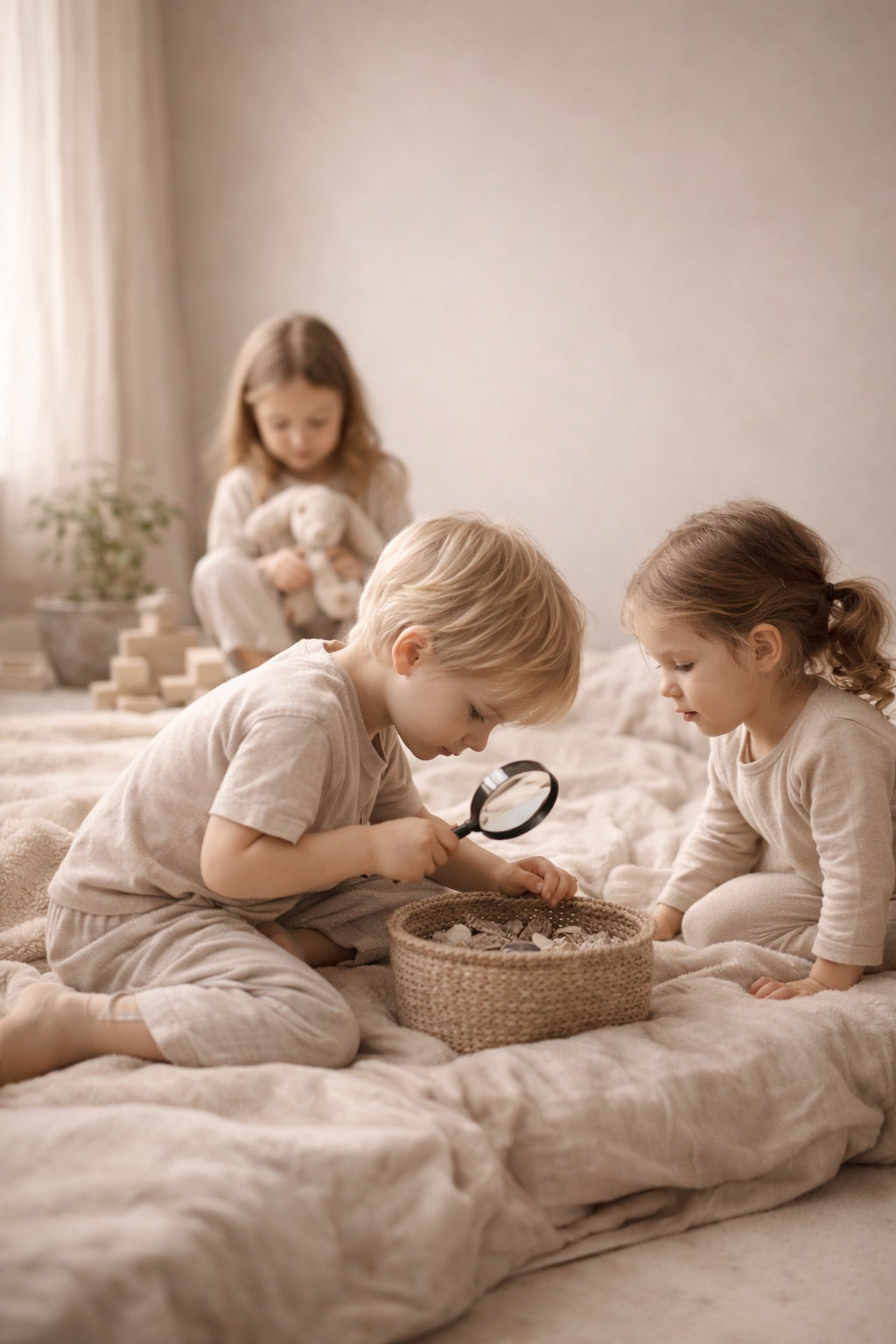 Kinder entdecken gemeinsam aufmerksam ihre Umgebung
