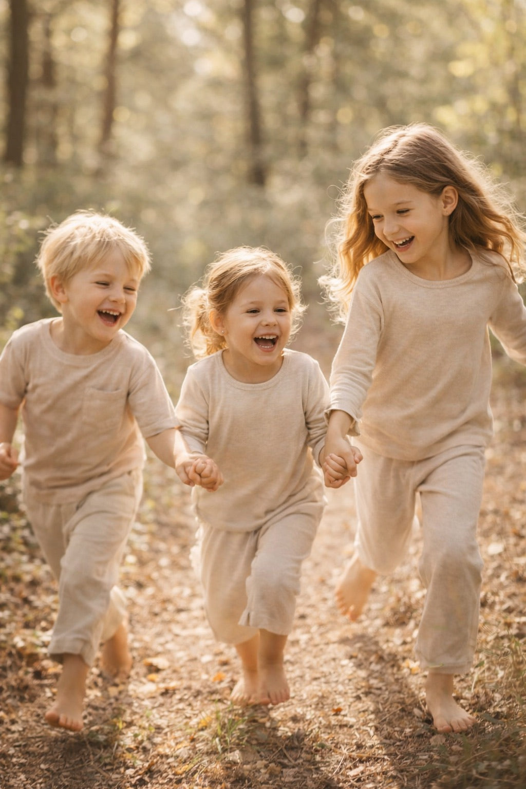 Drei Kinder, die gemeinsam durch den Wald laufen